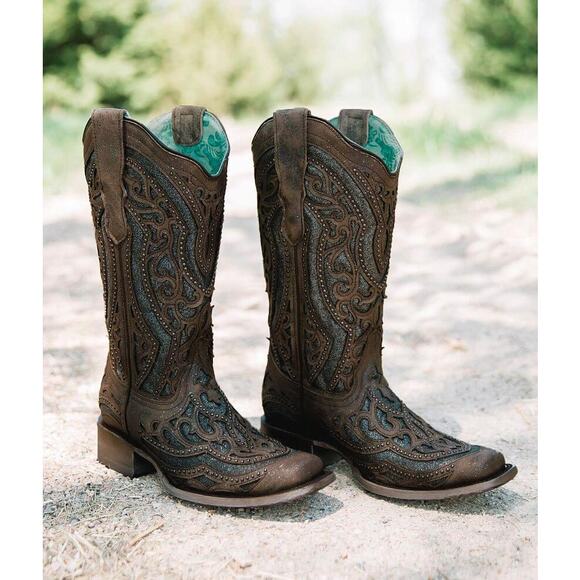 Corral Inlay Flower Embroidery Studded Leather Square Toe Western Boots Size 7 - Picture 1 of 14